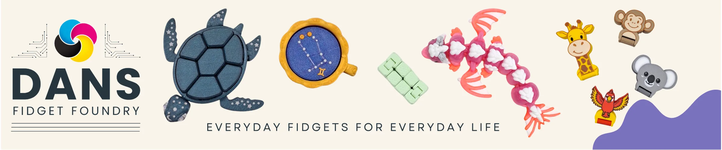 Advertisement for Dan's Fidget Foundry — everyday fidgets for everyday life. Shows 3D-printed fidget toys including an articulated turtle, a constellation clicker, a dragon and animal clickers.